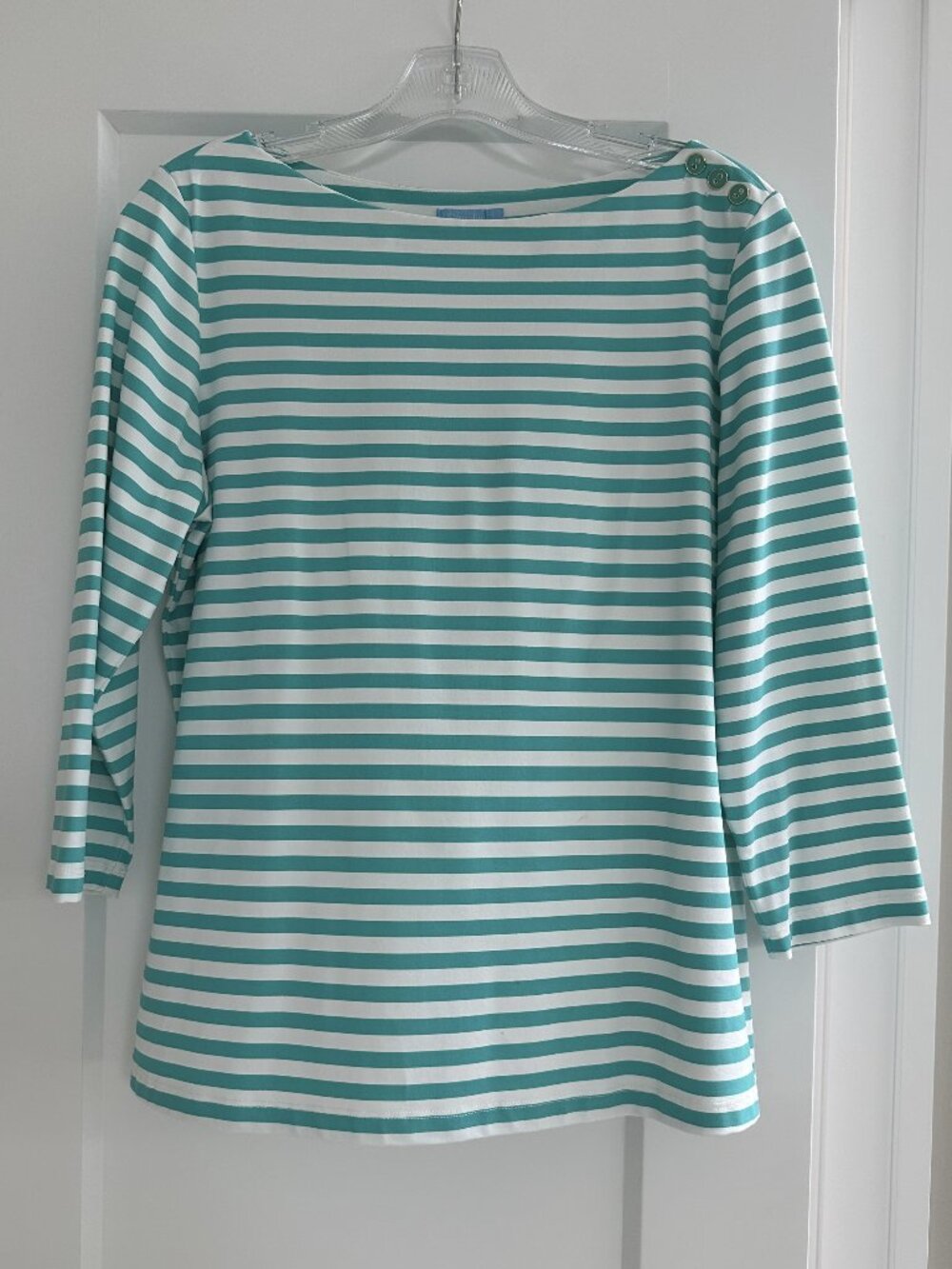 J.McLaughlin/ Wavesong Tee/ White + Teal Stripe - 3/4 Sleeve/ LIKE NEW!/ Large